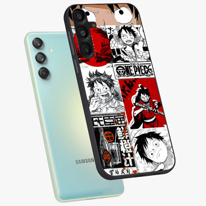 Strawhat Chaos Panels Glass Case displayed in angled mockup highlighting vibrant anime collage design with action aesthetic.