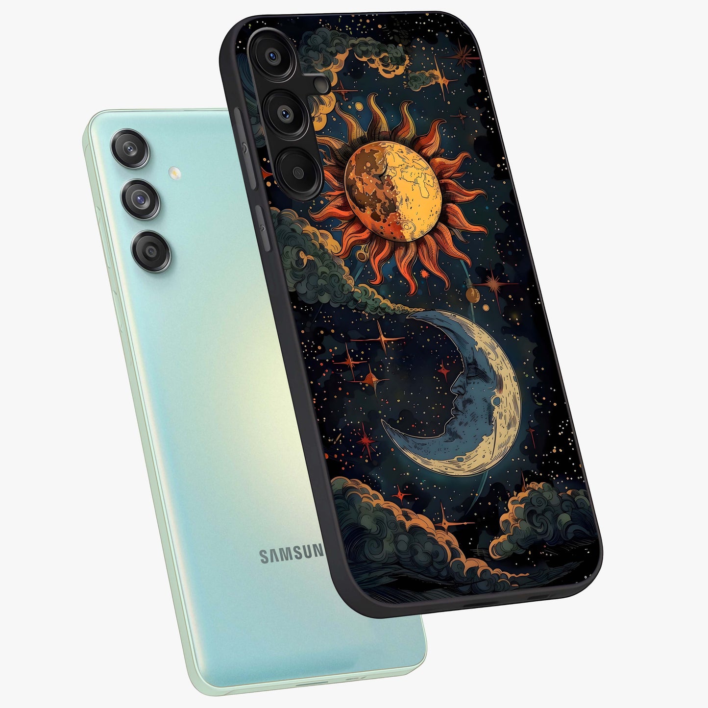 Sun And Moon Magic Design Glass Case displayed in angled mockup highlighting celestial design with magical cosmic aesthetic.