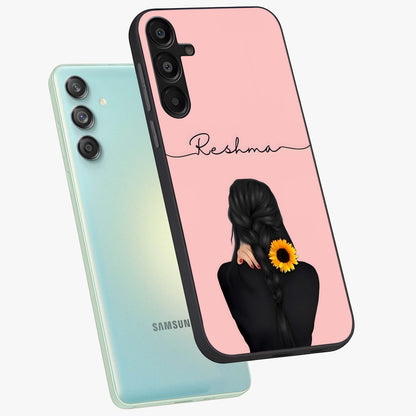 Sunflower Braid Beauty With Custom Name Glass Case displayed in angled mockup highlighting elegant sunflower design with custom name feature.