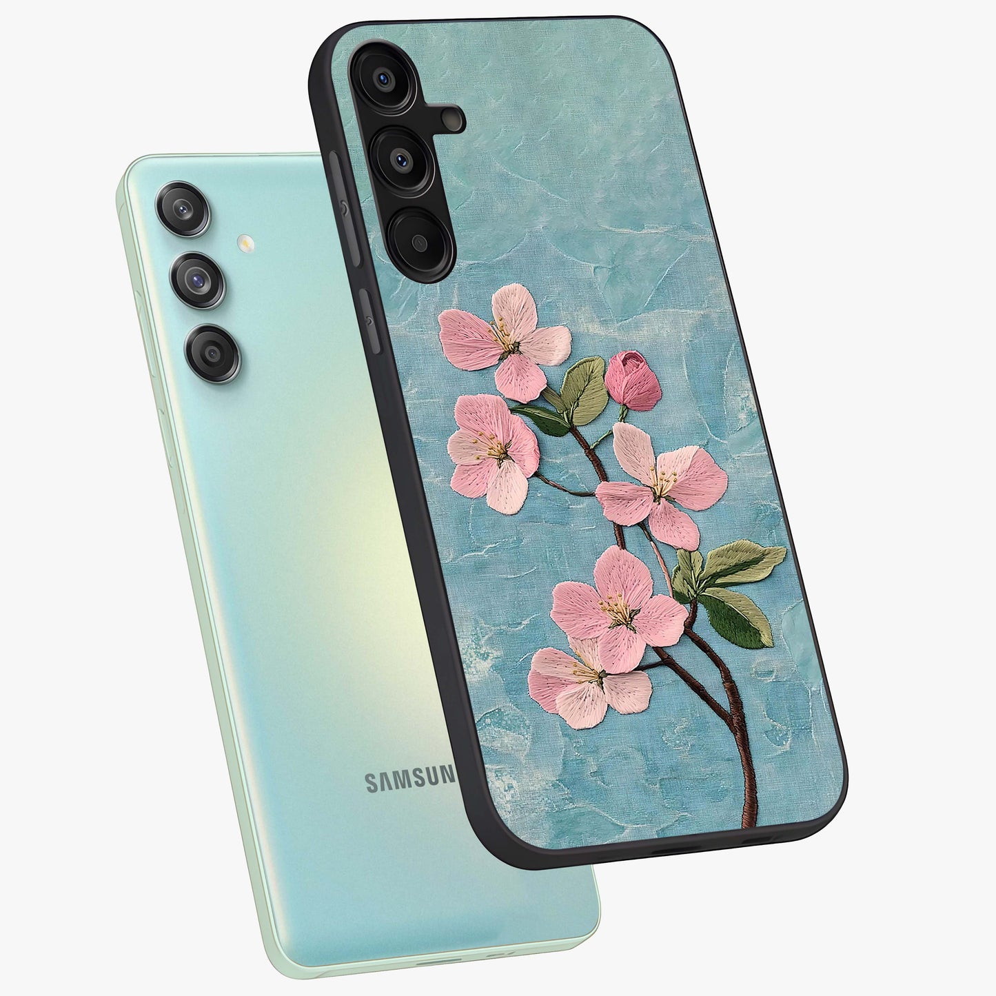 Threaded Blossom Breeze Glass Case displayed in angled mockup highlighting elegant floral design with soft aesthetic style.