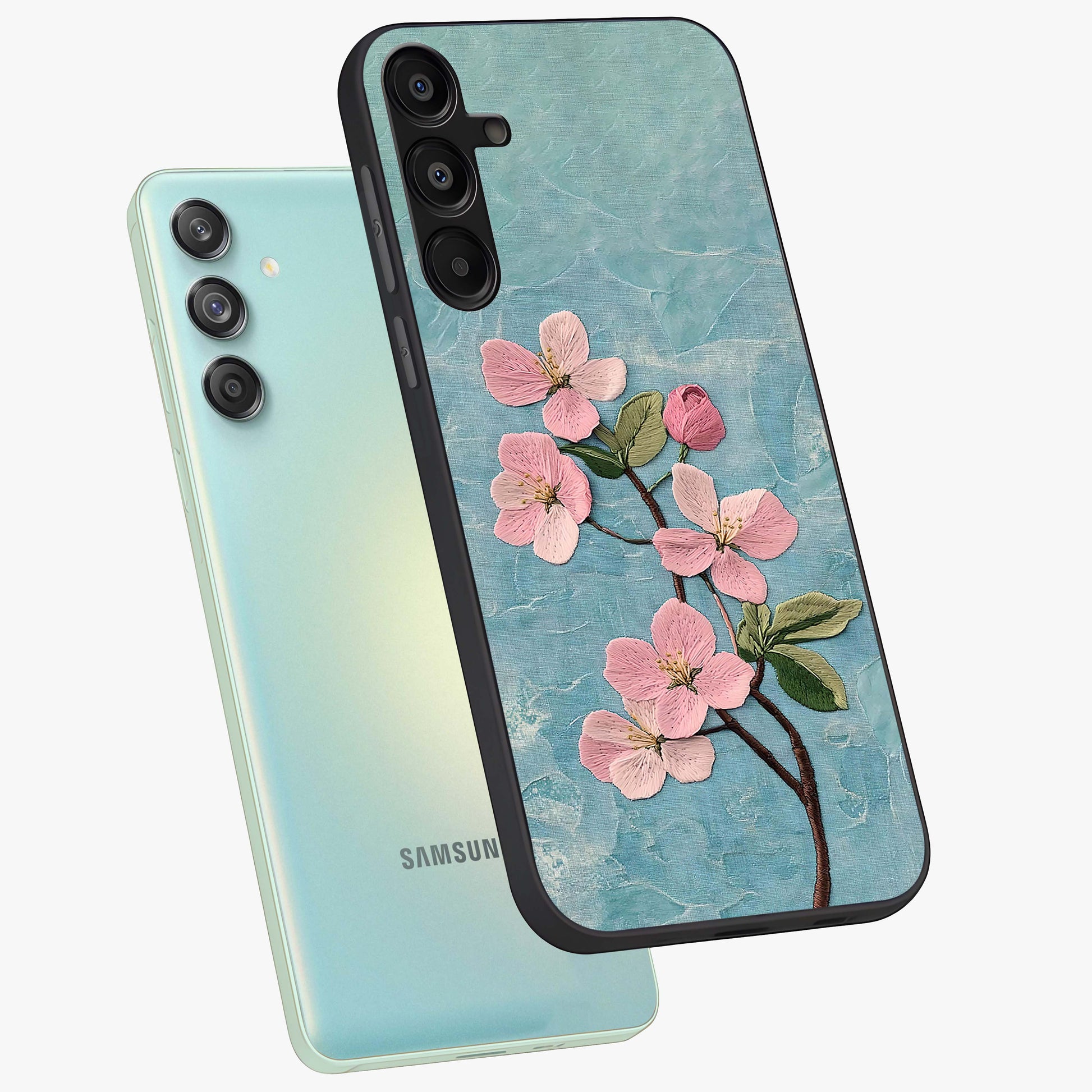 Threaded Blossom Breeze Glass Case displayed in angled mockup highlighting elegant floral design with soft aesthetic style.
