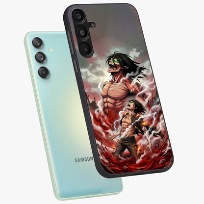 Titan Awakening Fury Glass Case displayed in angled mockup highlighting dramatic giant warrior design with bold anime aesthetic.