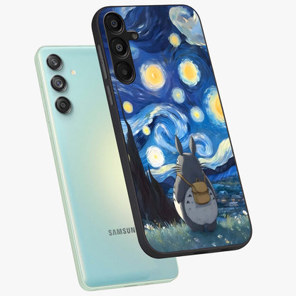Totoro In Van Gogh Art Glass Case displayed in angled mockup highlighting artistic swirling sky design with playful animation aesthetic.