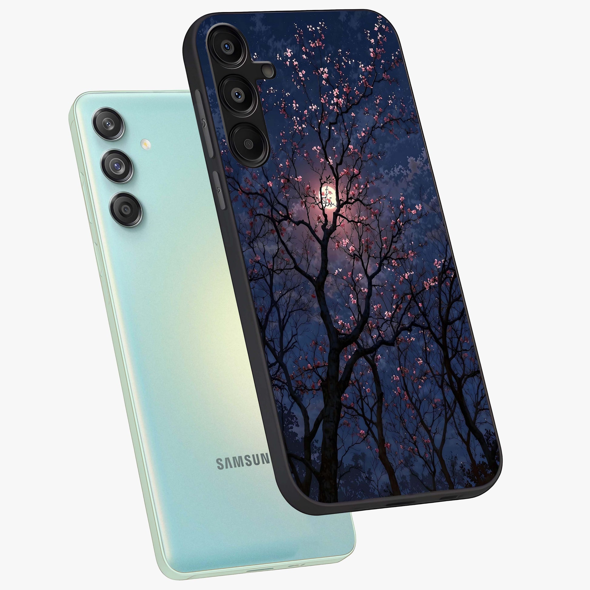 Twilight Sakura Serenade Glass Case displayed in angled mockup highlighting delicate sakura flower design with dreamy aesthetic.