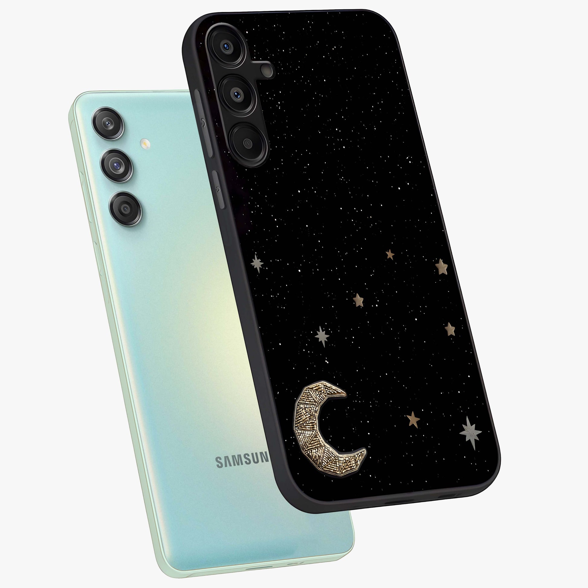 Twinkle Star With Half Moon Glass Case displayed in angled mockup highlighting celestial moon and star design with magical aesthetic.