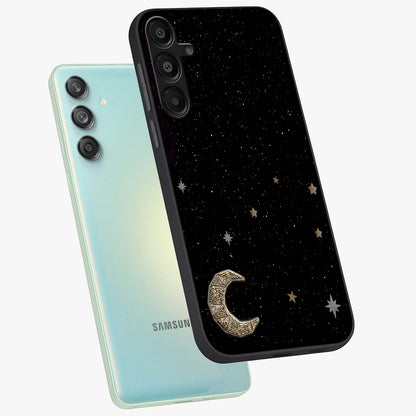 Twinkle Star With Half Moon Glass Case displayed in angled mockup highlighting celestial moon and star design with magical aesthetic.