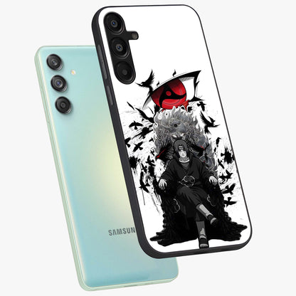 Uchiha Shadow Throne Glass Case displayed in angled mockup highlighting glowing aquatic design with celestial aesthetic.