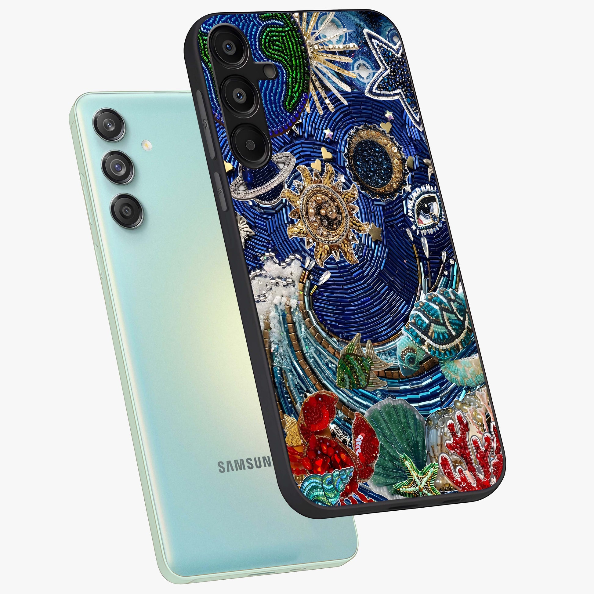 Universe Underwater Spark Glass Case displayed in angled mockup highlighting glowing aquatic design with celestial aesthetic.