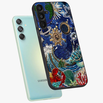 Universe Underwater Spark Glass Case displayed in angled mockup highlighting glowing aquatic design with celestial aesthetic.