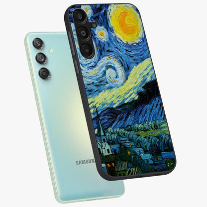 Van Gogh Art Glass Case displayed in angled mockup highlighting swirling brushstroke design with artistic aesthetic.