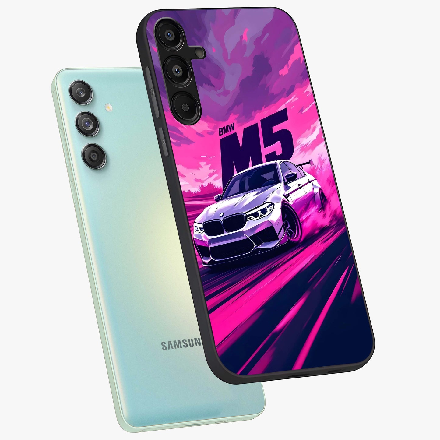 Velocity Drift Pulse Glass Case displayed in angled mockup highlighting dynamic drift design with sporty automotive aesthetic.