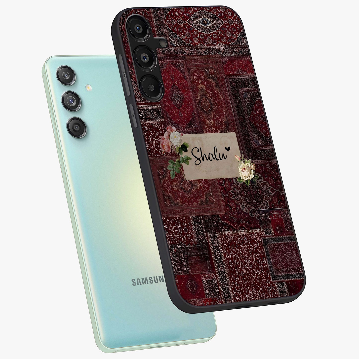Velvet Wine Pattern Custom Name Glass Case displayed in angled mockup highlighting decorative velvet inspired design with custom name feature.