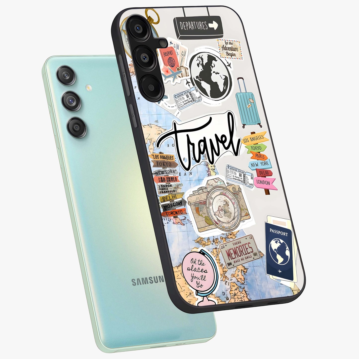 Wanderlust Journal Glass Case displayed in angled mockup highlighting adventure themed design with aesthetic travel vibe.
