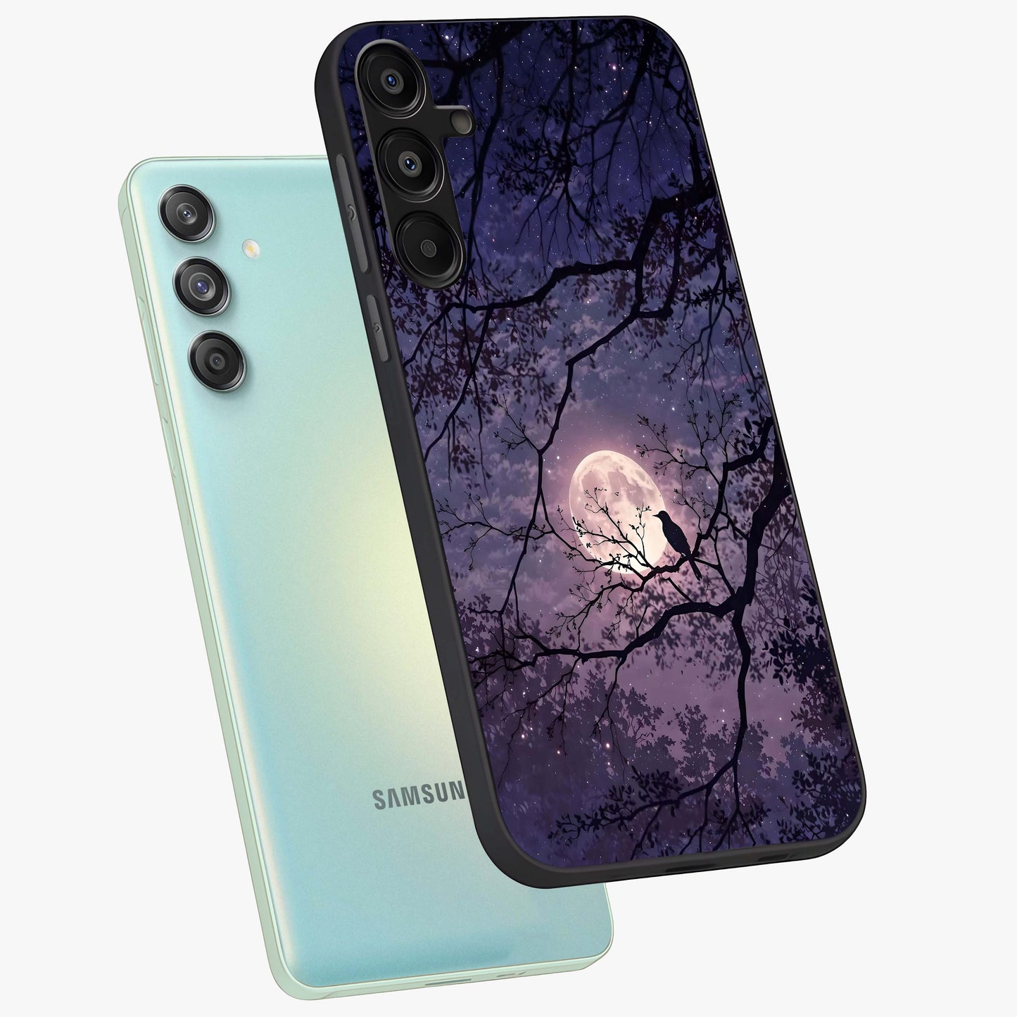 Whispering Moon Silence Glass Case displayed in angled mockup highlighting calm lunar design with dreamy night aesthetic.