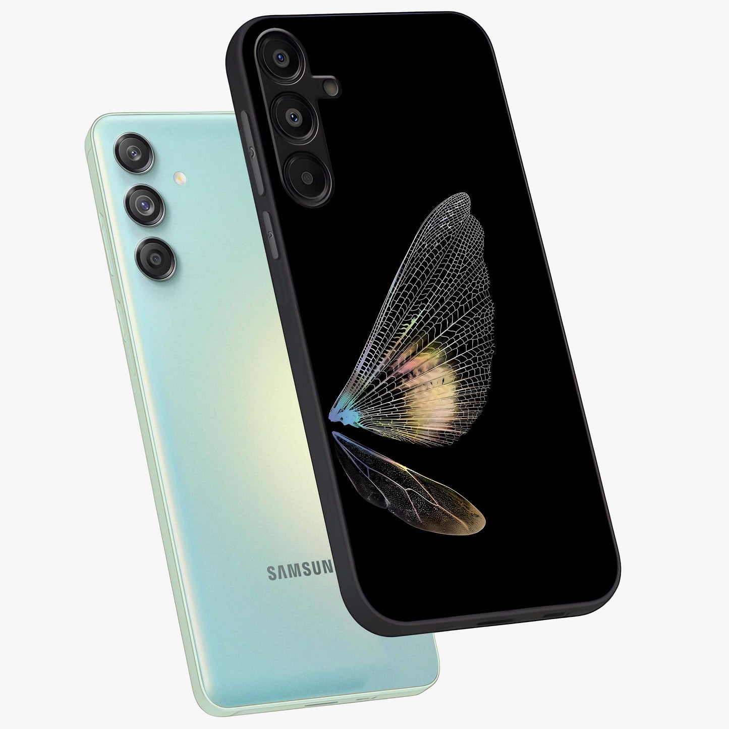 Whispers Of Wings Glass Case displayed in angled mockup highlighting soft feather design with celestial aesthetic style.