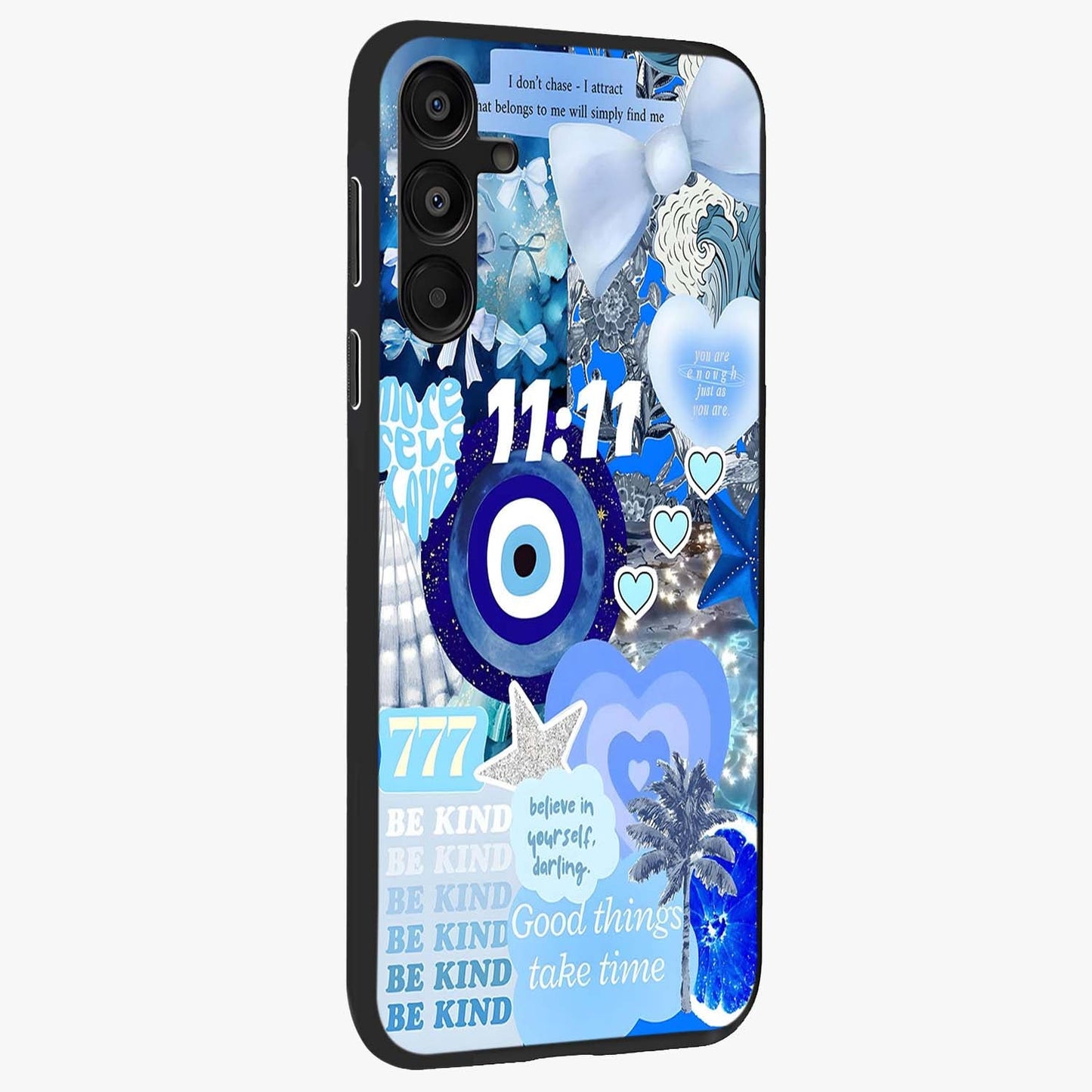 Aesthetic Be Kind Eye Glass Case upright view showcasing stylish eye illustration with positive message theme.