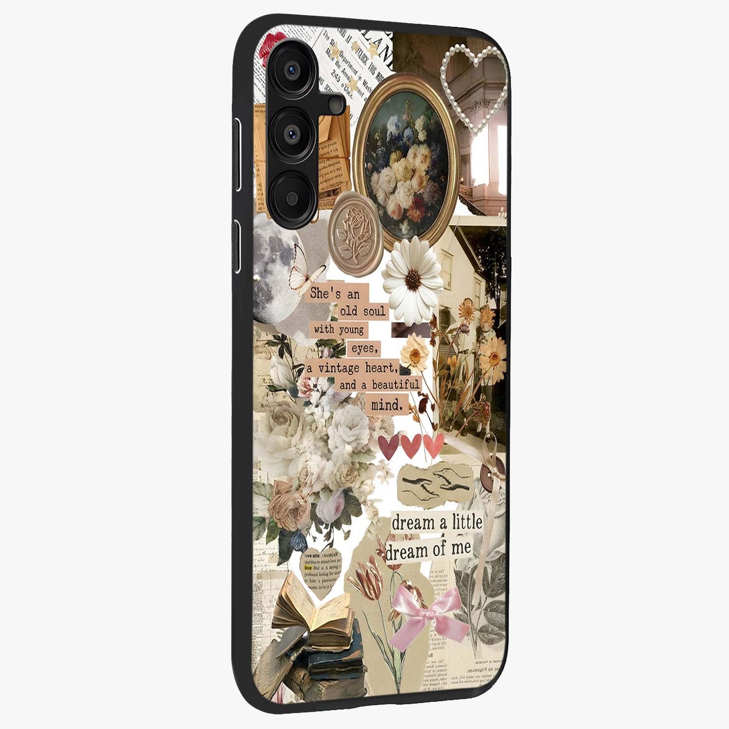 Aesthetic Brown Vintage Collage Glass Case upright view showcasing nostalgic retro artwork with stylish vintage theme.