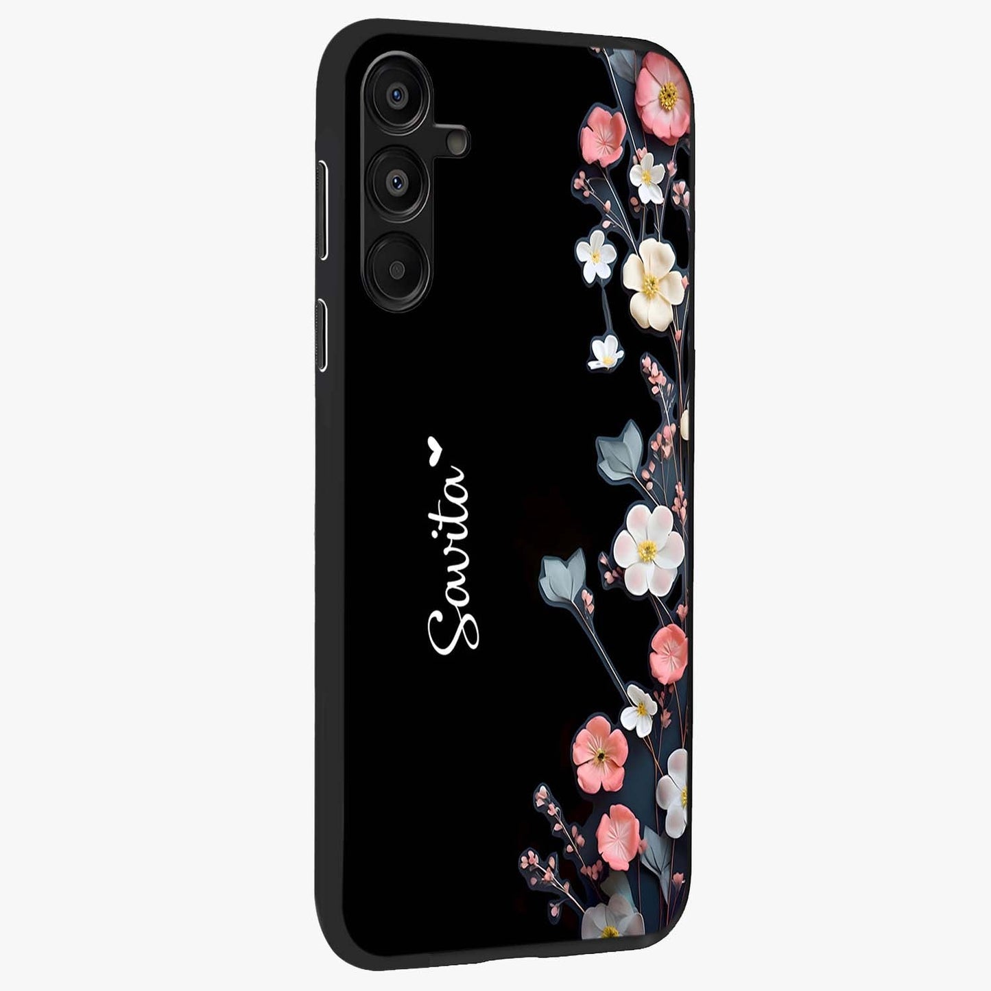 Black Elegance Floral Custom Name Glass Case upright view showcasing luxurious black floral design with personalized name detail.