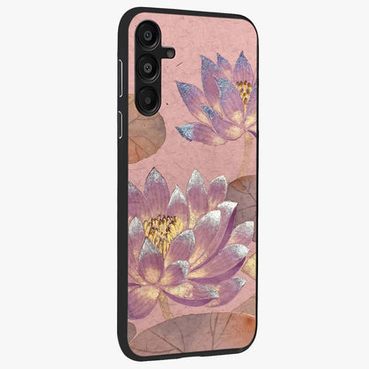 Blossom Mist Lotus Glass Case upright view showcasing graceful lotus flower design with peaceful botanical style.