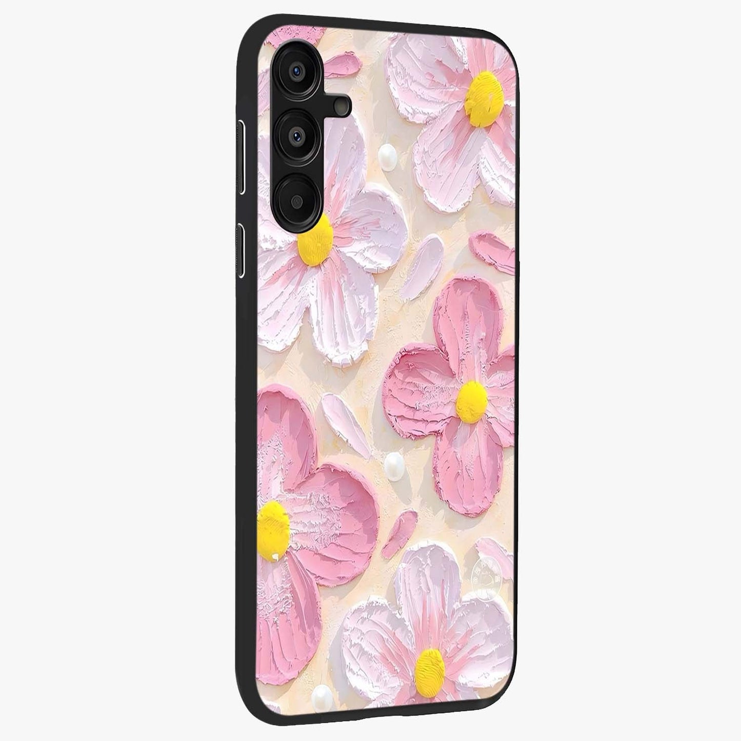 Blush Bloom Texture Glass Case upright view showcasing delicate blush floral texture with modern minimal style.