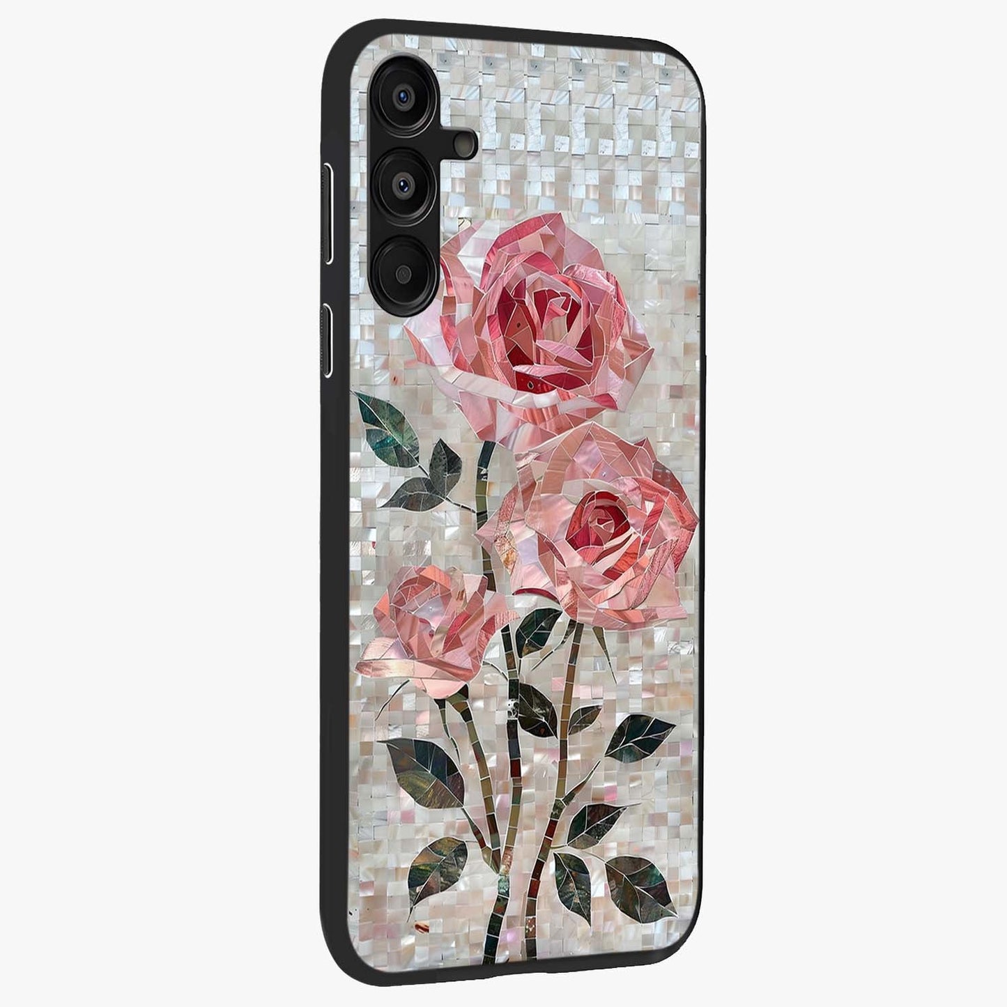 Blush Mosaic Bloom Glass Case upright view showcasing decorative floral mosaic artwork with stylish modern aesthetic.