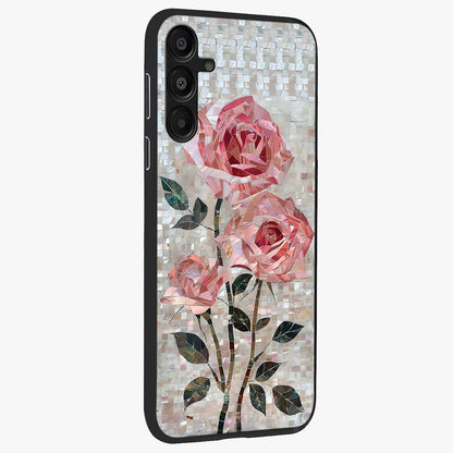 Blush Mosaic Bloom Glass Case upright view showcasing decorative floral mosaic artwork with stylish modern aesthetic.