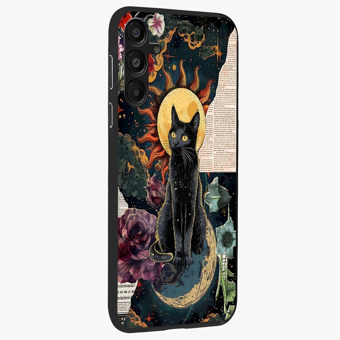 Celestial Black Cat Glass Case upright view showcasing magical black cat illustration with starry cosmic theme.