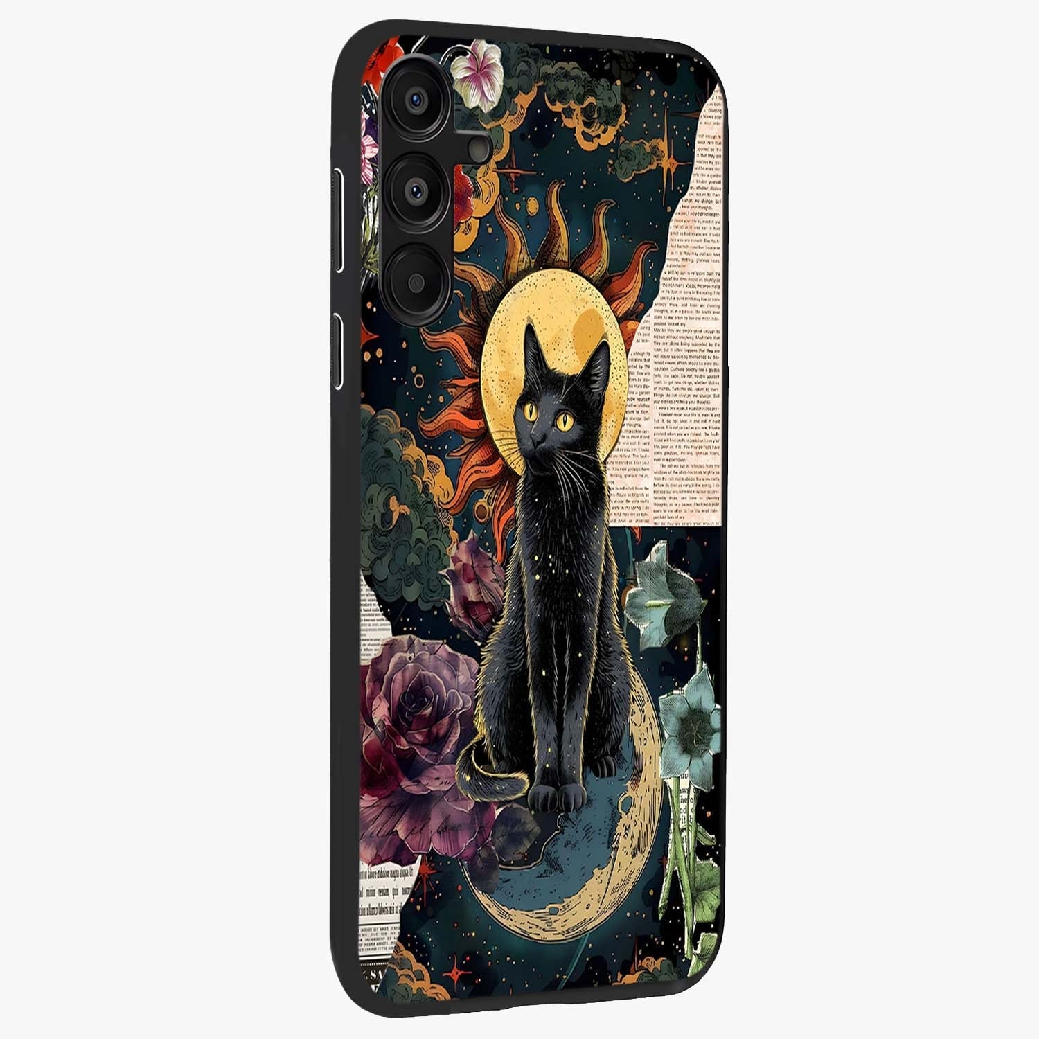 Celestial Black Cat Glass Case upright view showcasing magical black cat illustration with starry cosmic theme.