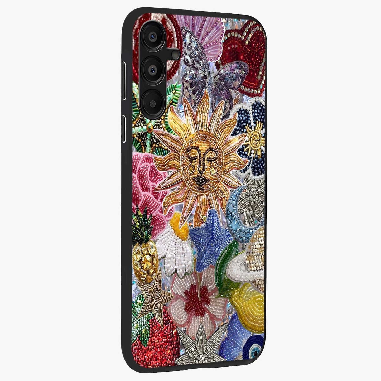 Celestial Floral and Playful Glass Case upright view showcasing whimsical floral artwork with cosmic aesthetic theme.