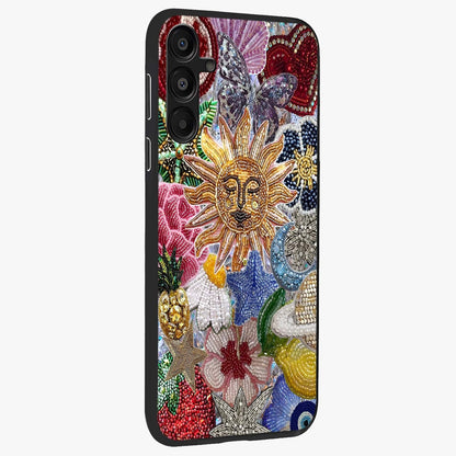 Celestial Floral and Playful Glass Case upright view showcasing whimsical floral artwork with cosmic aesthetic theme.