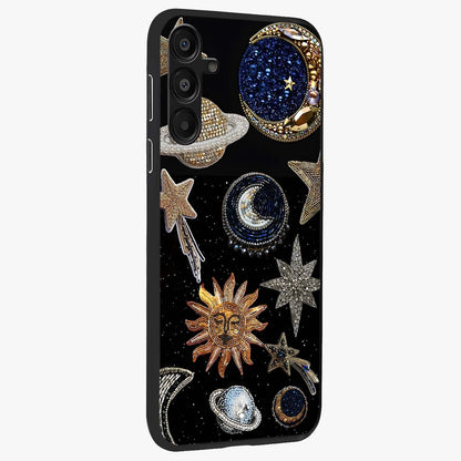 Celestial Gem Constellations Glass Case upright view showcasing cosmic constellation artwork with celestial aesthetic style.