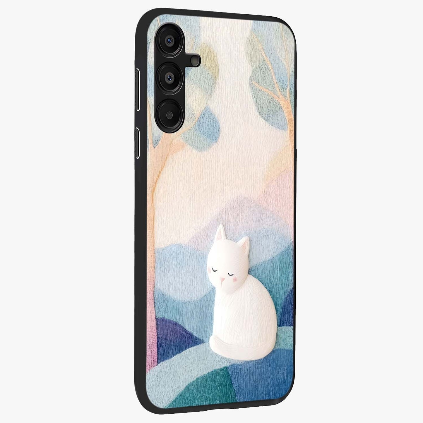 Cotton Dream Cat Glass Case upright view showcasing charming cat artwork with cozy dreamy theme.