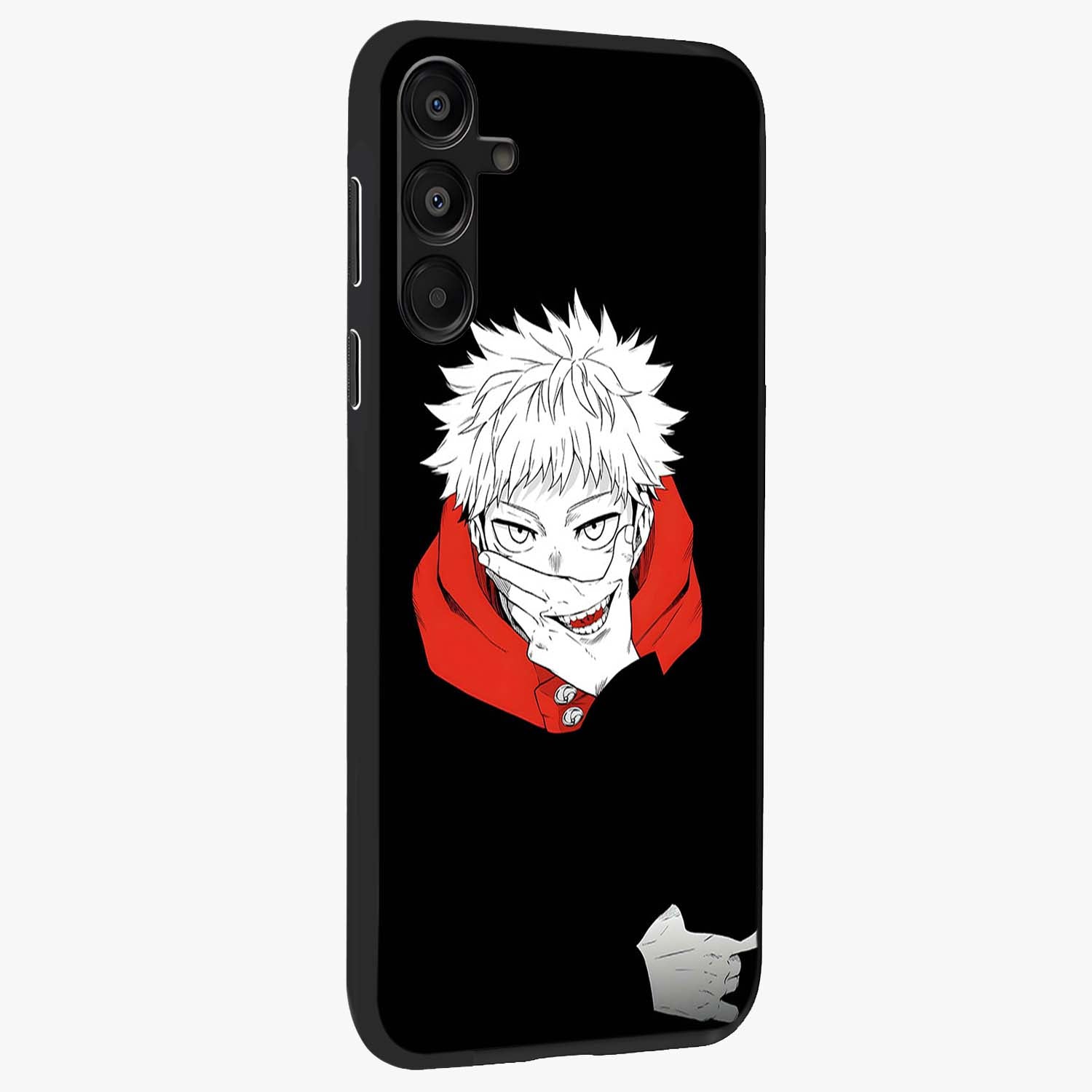 Crimson Chaos Smile Glass Case upright view showcasing expressive chaotic artwork with striking visual theme.