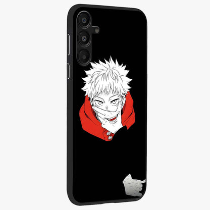 Crimson Chaos Smile Glass Case upright view showcasing expressive chaotic artwork with striking visual theme.