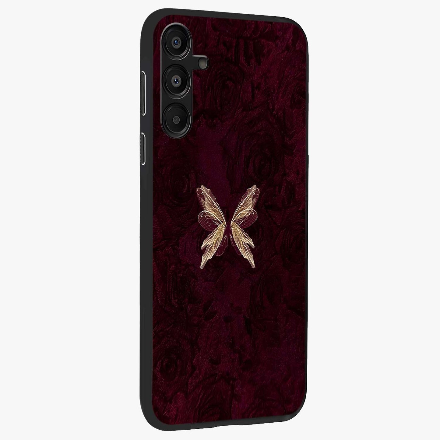 Crimson Fade Butterfly Glass Case upright view showcasing graceful butterfly artwork with soft crimson fade effect.
