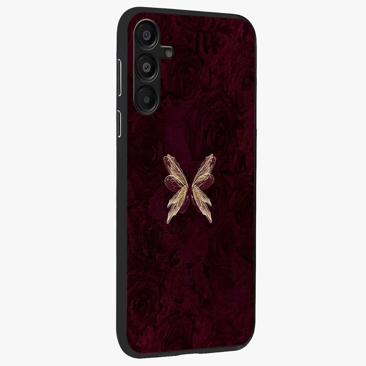 Crimson Fade Butterfly Glass Case upright view showcasing graceful butterfly artwork with soft crimson fade effect.