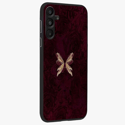 Crimson Fade Butterfly Glass Case upright view showcasing graceful butterfly artwork with soft crimson fade effect.