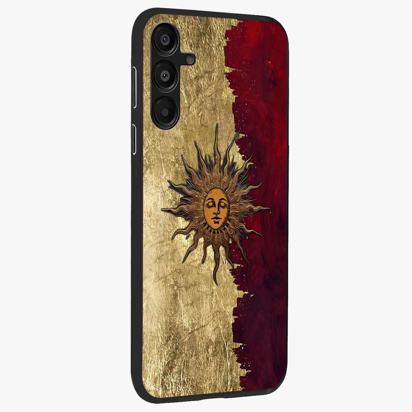 Crimson Sun Majesty Glass Case upright view showcasing vibrant sun artwork with powerful celestial theme.