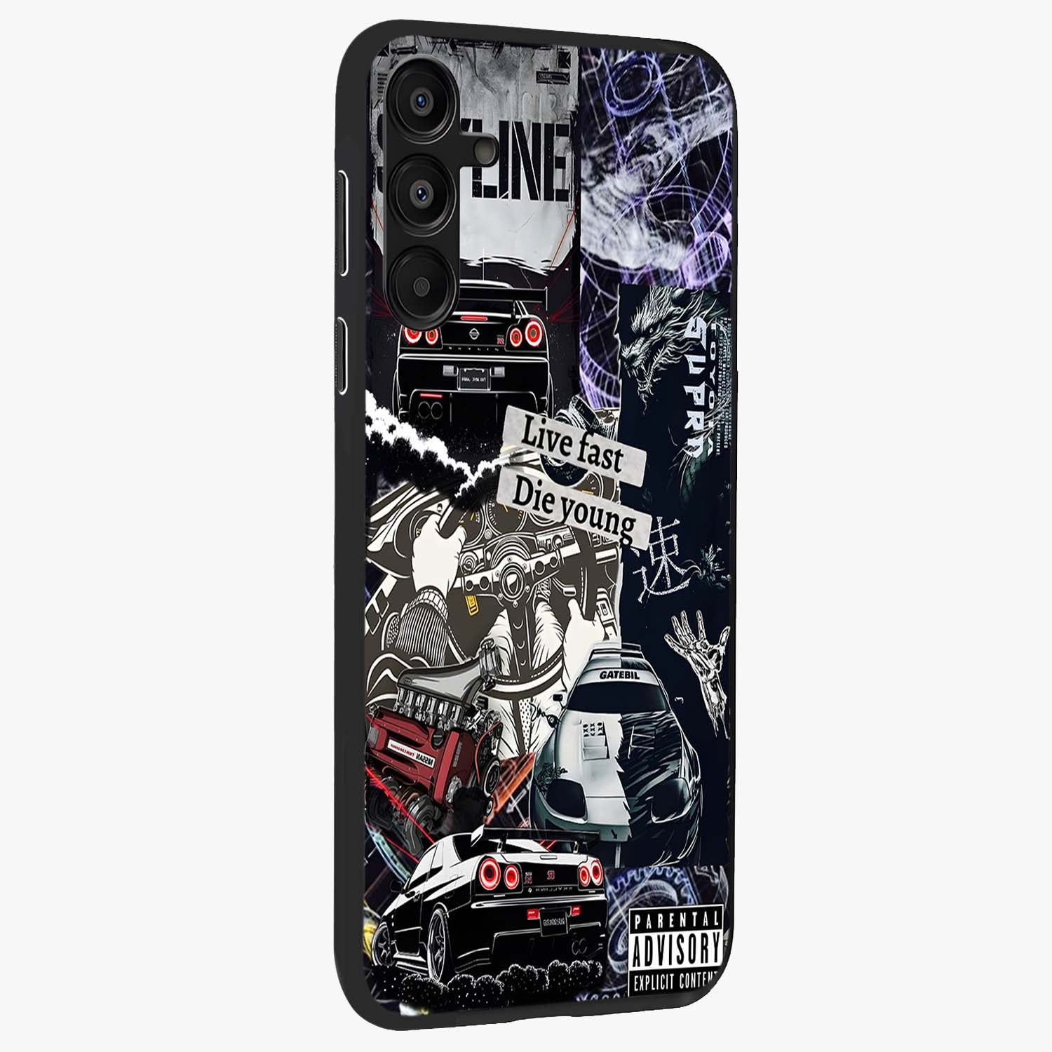 Die Young Glass Case upright view showcasing striking typography artwork with modern statement theme.