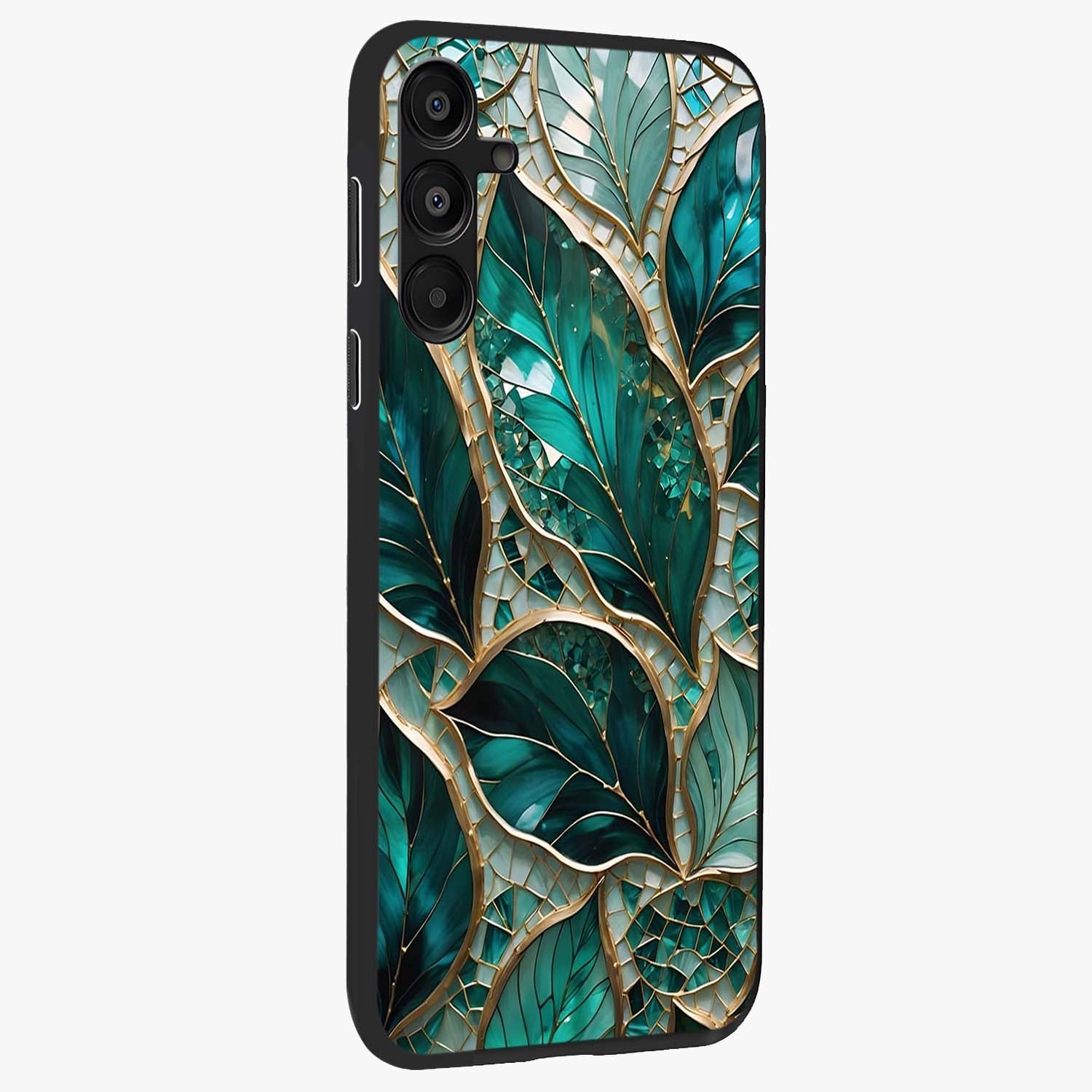 Emerald Leaf Glass Glass Case upright view showcasing fresh green leaf artwork with calming nature inspired style.
