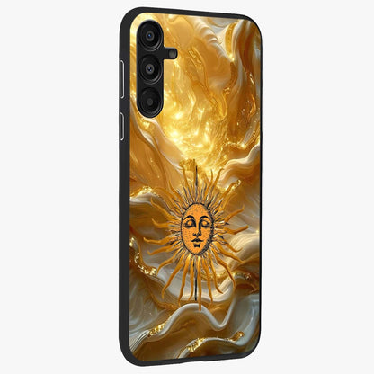 Eternal Golden Glow Glass Case upright view showcasing luminous golden artwork with luxurious visual theme.