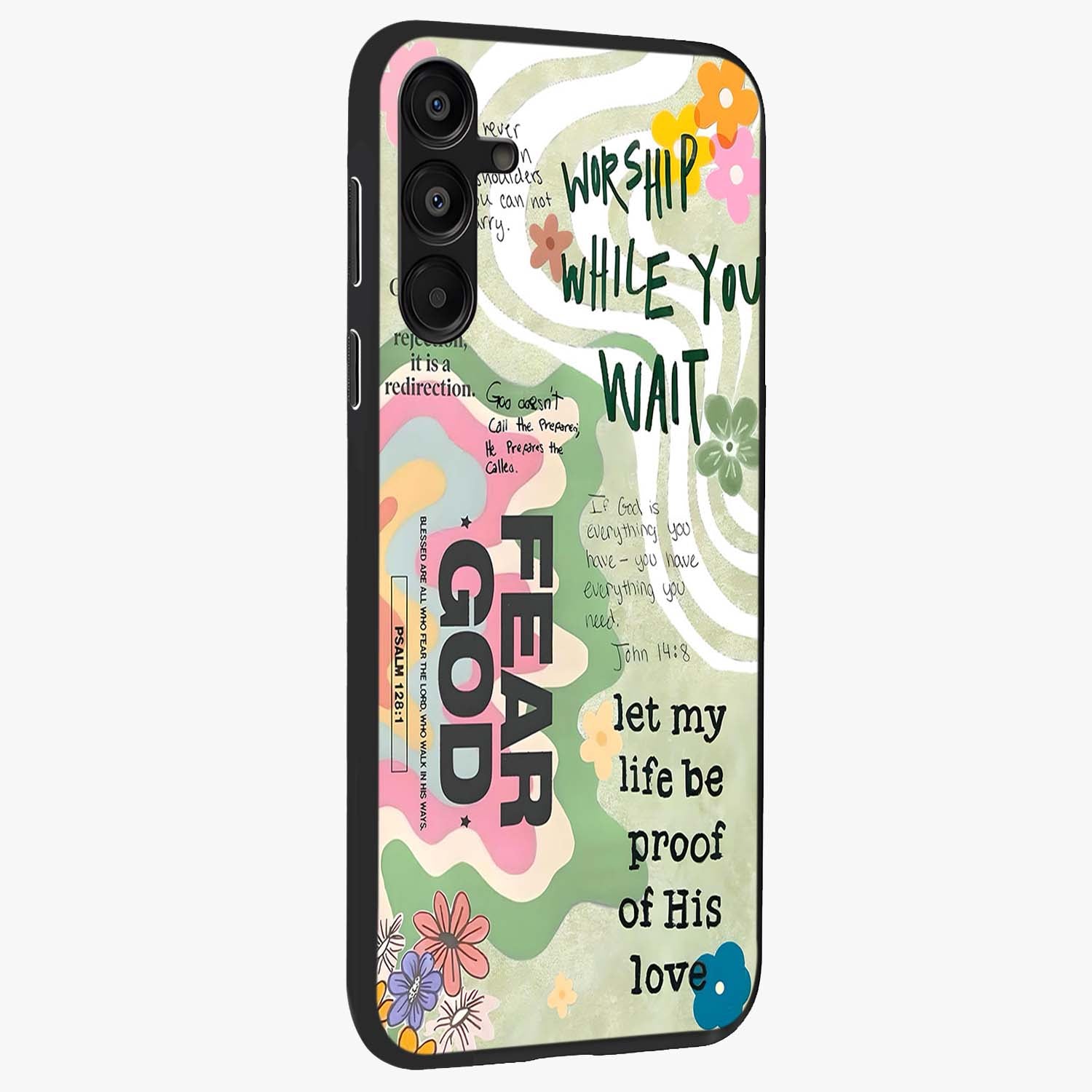 Faith Over Fear Glass Case upright view showcasing bold typography artwork with uplifting motivational theme.