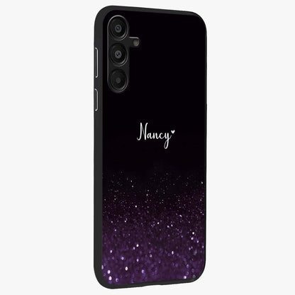 Glittery Purple Bokeh Custom Name Glass Case upright view showcasing vibrant purple sparkle artwork with personalized aesthetic style.