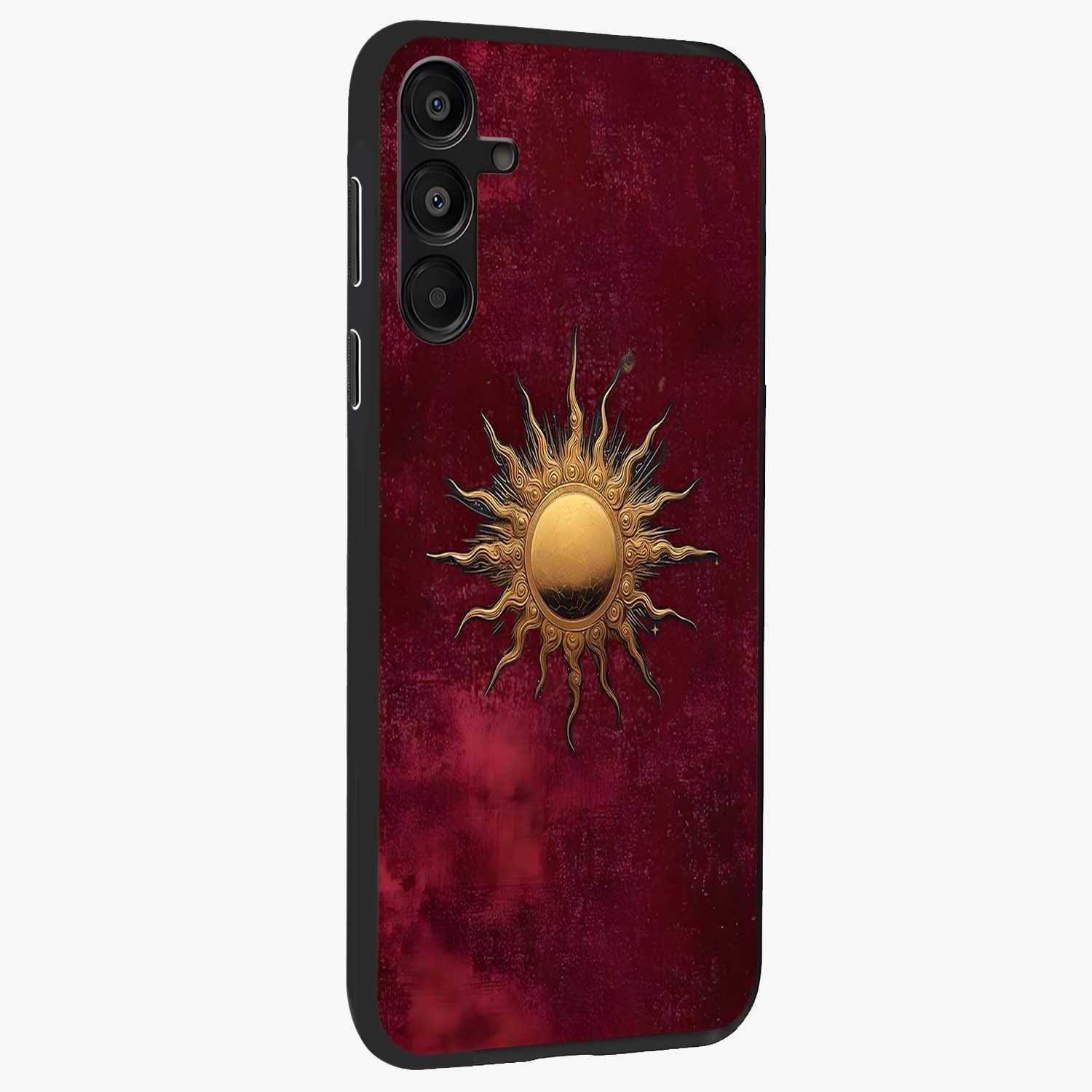 Golden Sun Minimalism Glass Case upright view showcasing simple golden sun artwork with elegant minimalist style.