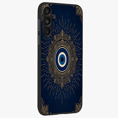 Golden Celestial Charm Glass Case upright view showcasing radiant celestial artwork with elegant golden theme.