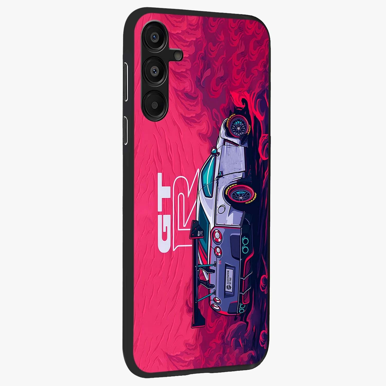 GT-R Car Pattern Glass Case upright view showcasing dynamic car pattern artwork with modern sports theme.