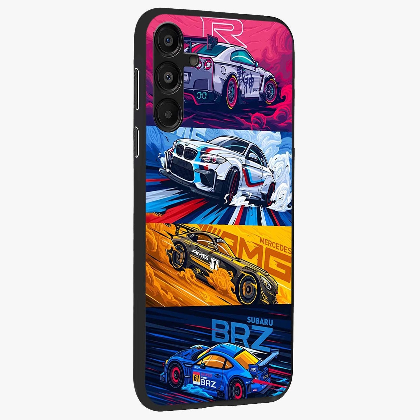 JDM Sports Car Glass Case upright view showcasing dynamic sports car artwork with bold racing theme.