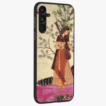 Lady With Veena Art Glass Case upright view showcasing classical veena artwork with traditional artistic theme.