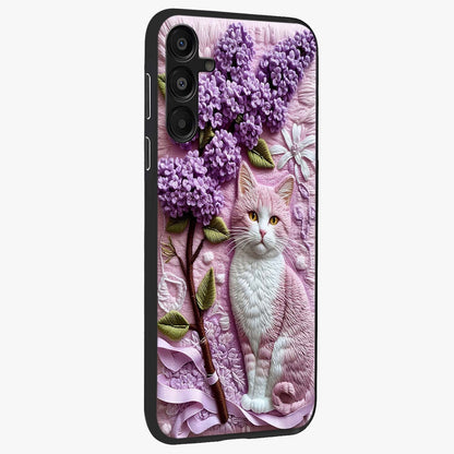Lavender Cat Whimsy Glass Case upright view showcasing charming cat artwork with whimsical lavender theme.