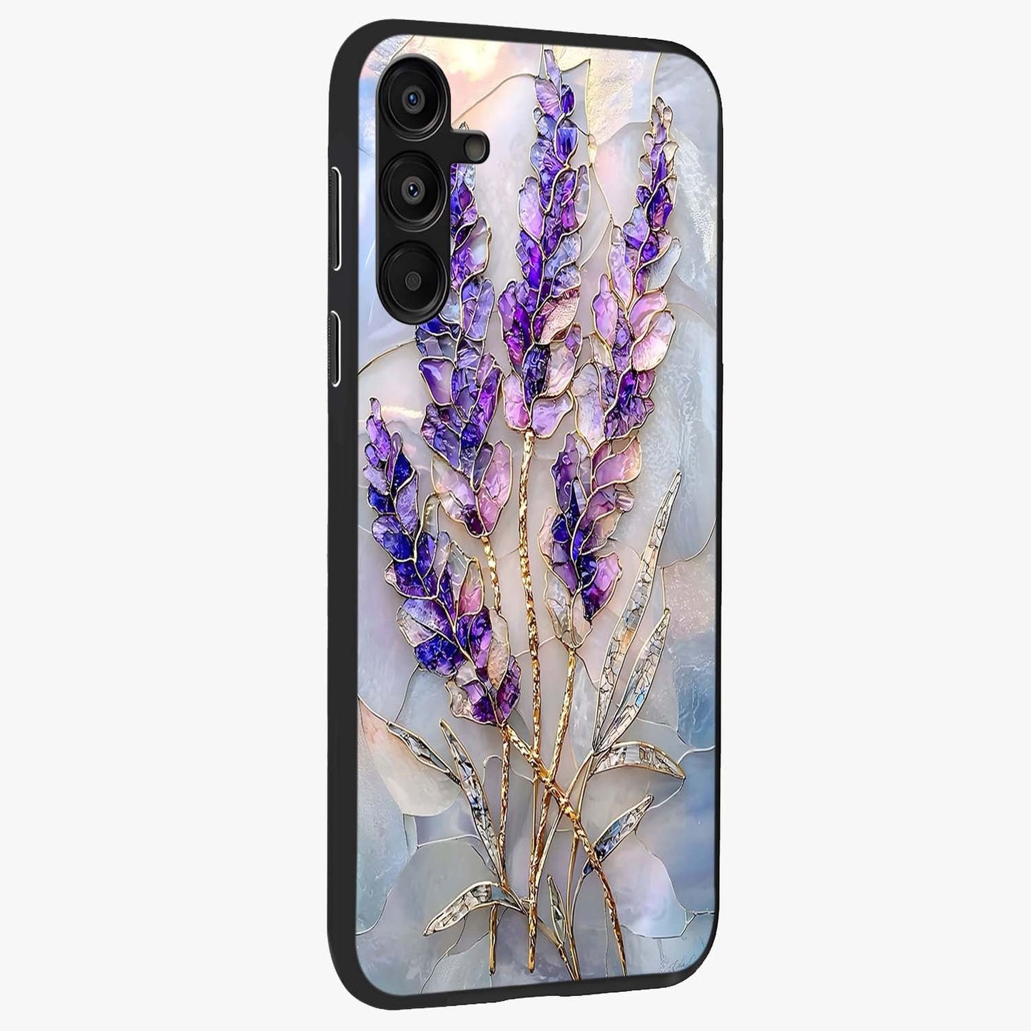 Lavender Dream Glow Glass Case upright view showcasing radiant lavender glow artwork with calming dreamy theme.